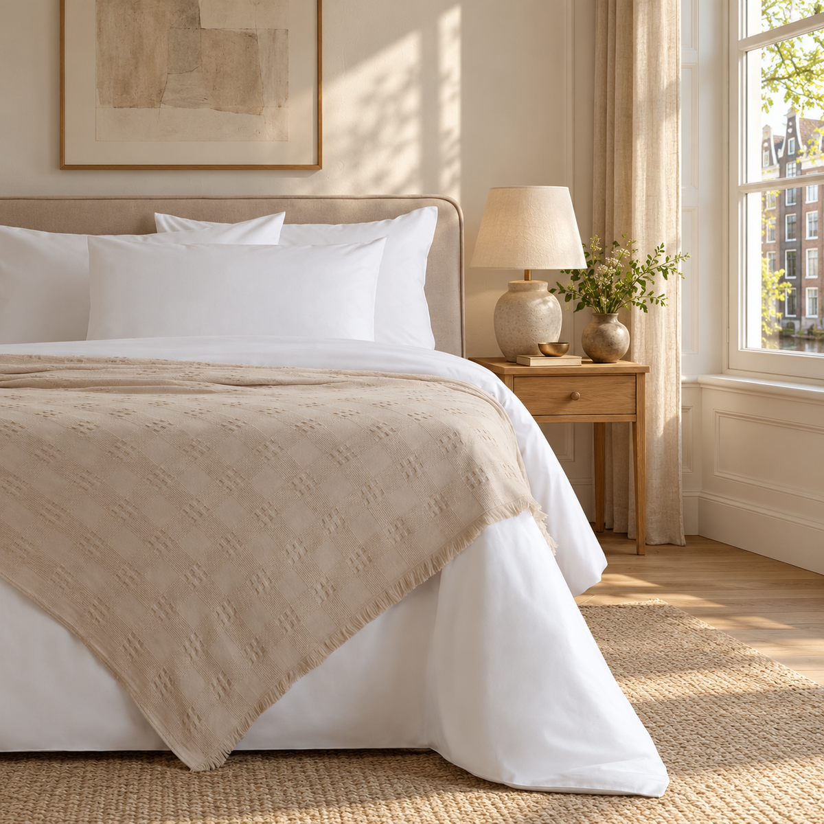 Danna Beige bedspread — Dutch bedroom lifestyle, fine woven pattern at original scale, view 01