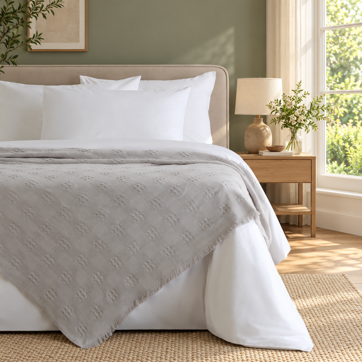 Danna Grey bedspread — Dutch bedroom lifestyle, fine woven pattern at original scale, view 01