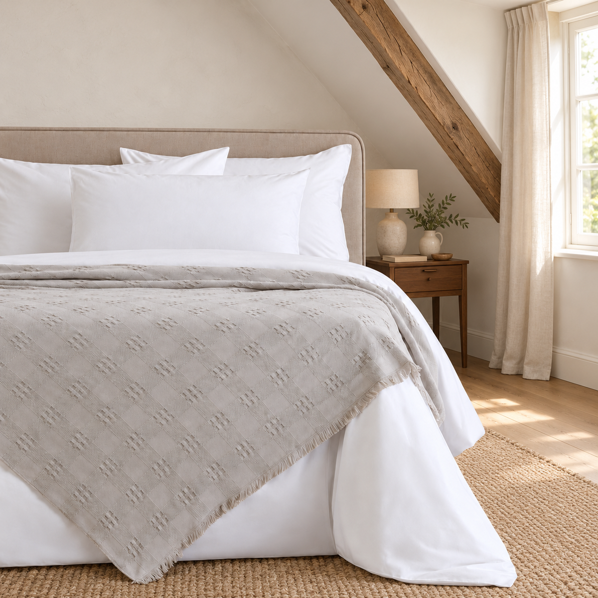 Danna Grey bedspread — Dutch bedroom lifestyle, fine woven pattern at original scale, view 02