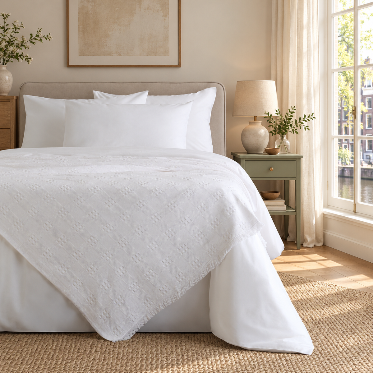 Danna White bedspread — Dutch bedroom lifestyle, fine woven pattern at original scale, view 01