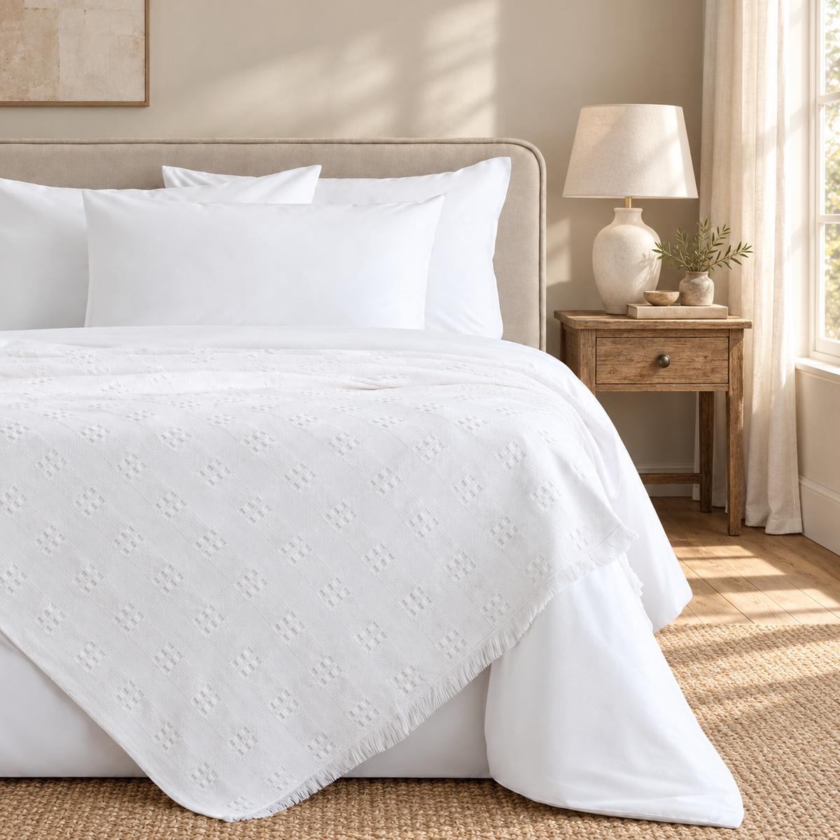 Danna White bedspread — Dutch bedroom lifestyle, fine woven pattern at original scale, view 02