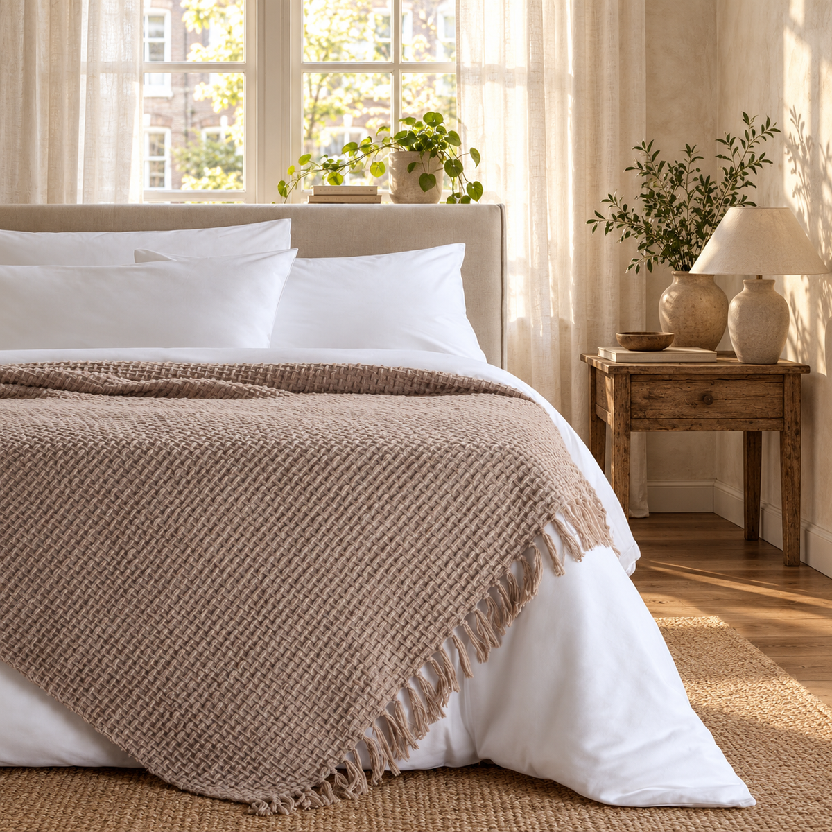 Devina Throw — Beige, 150 × 200 cm, draped across a bed in a warm Dutch bedroom, with the textured weave and matching tassels visible