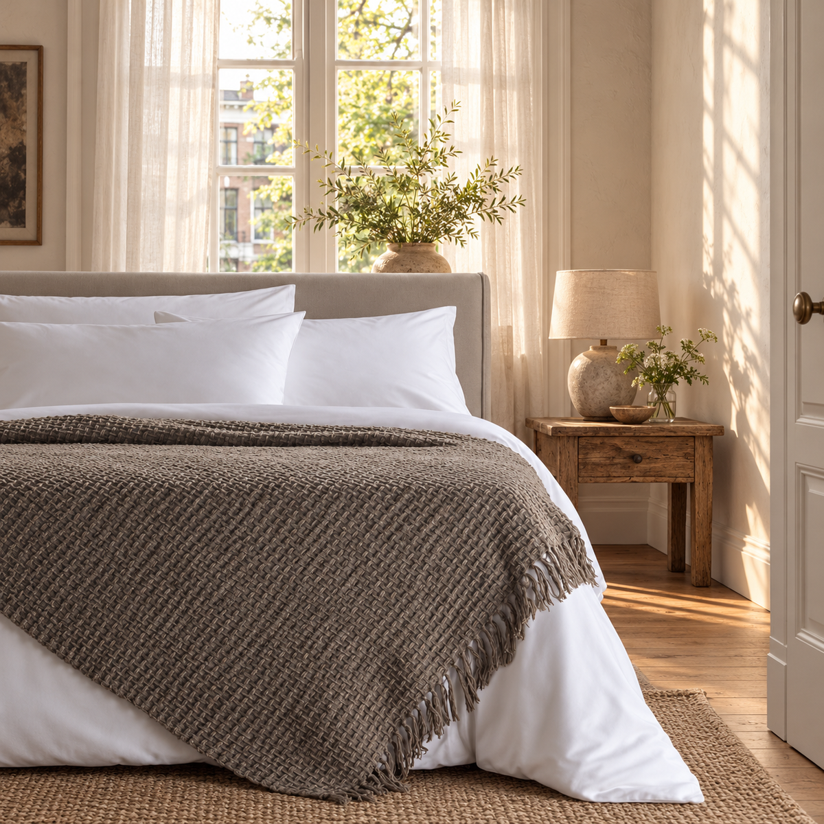 Devina Throw — Grey, 150 × 200 cm, draped across a bed in a warm Dutch bedroom, with the textured weave and matching tassels visible