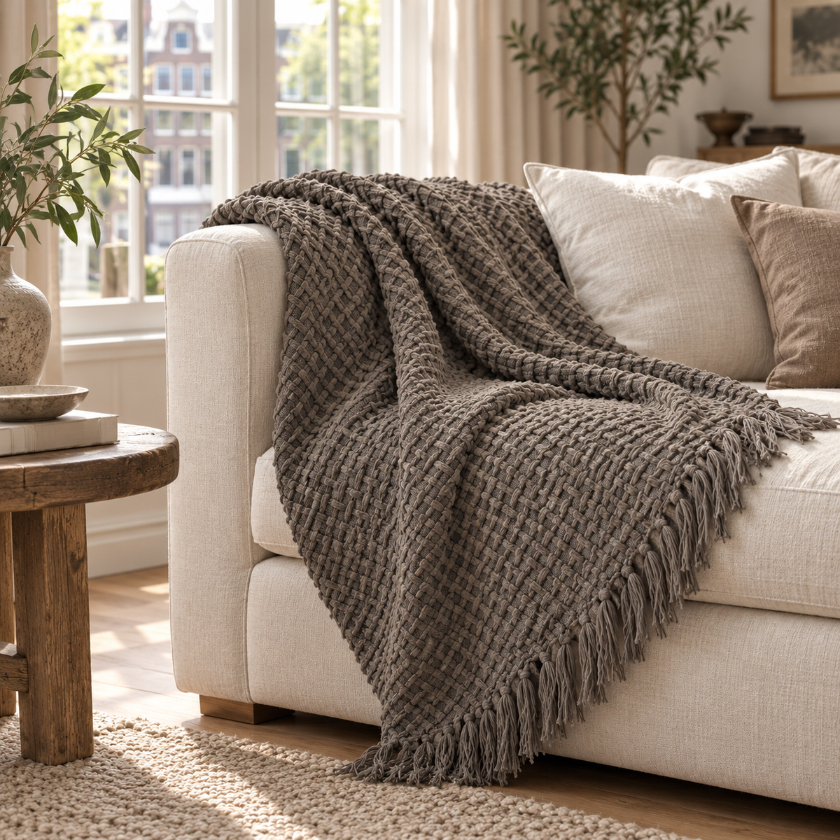 Devina Throw — Grey, 150 × 200 cm, draped over an ivory linen sofa in a Dutch living room, with the textured weave and matching tassels visible