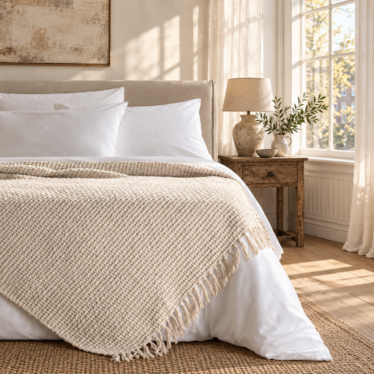 Devina Throw — Ivory, 150 × 200 cm, draped across a bed in a warm Dutch bedroom, with the textured weave and matching tassels visible