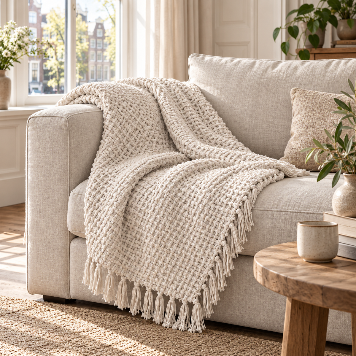 Devina Throw — Ivory, 150 × 200 cm, draped over an ivory linen sofa in a Dutch living room, with the textured weave and matching tassels visible