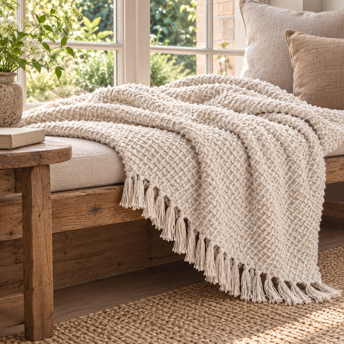 Devina Throw — Ivory, 150 × 200 cm, arranged on an oak window bench in a Dutch home, with the textured weave and matching tassels visible