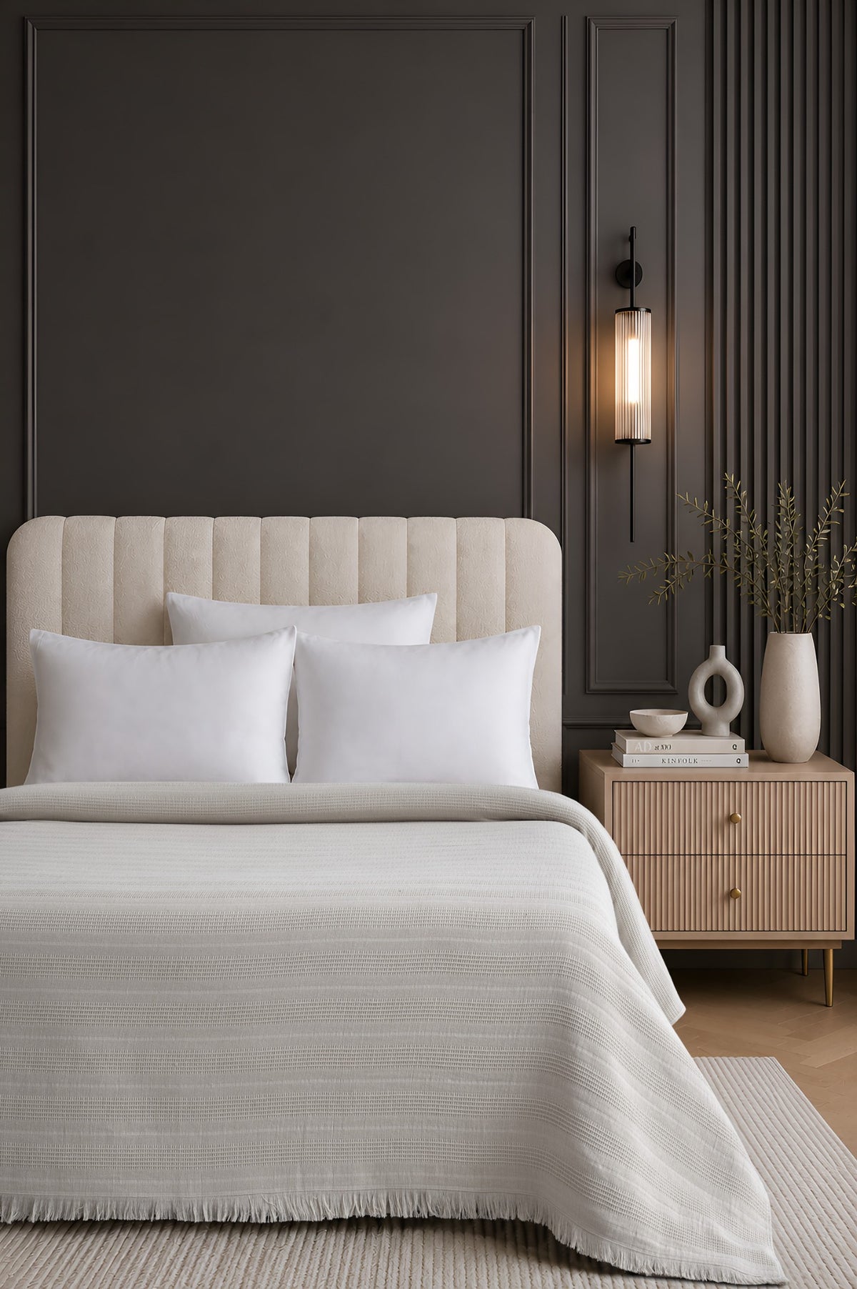 Erna Beige bedspread styled on a bed