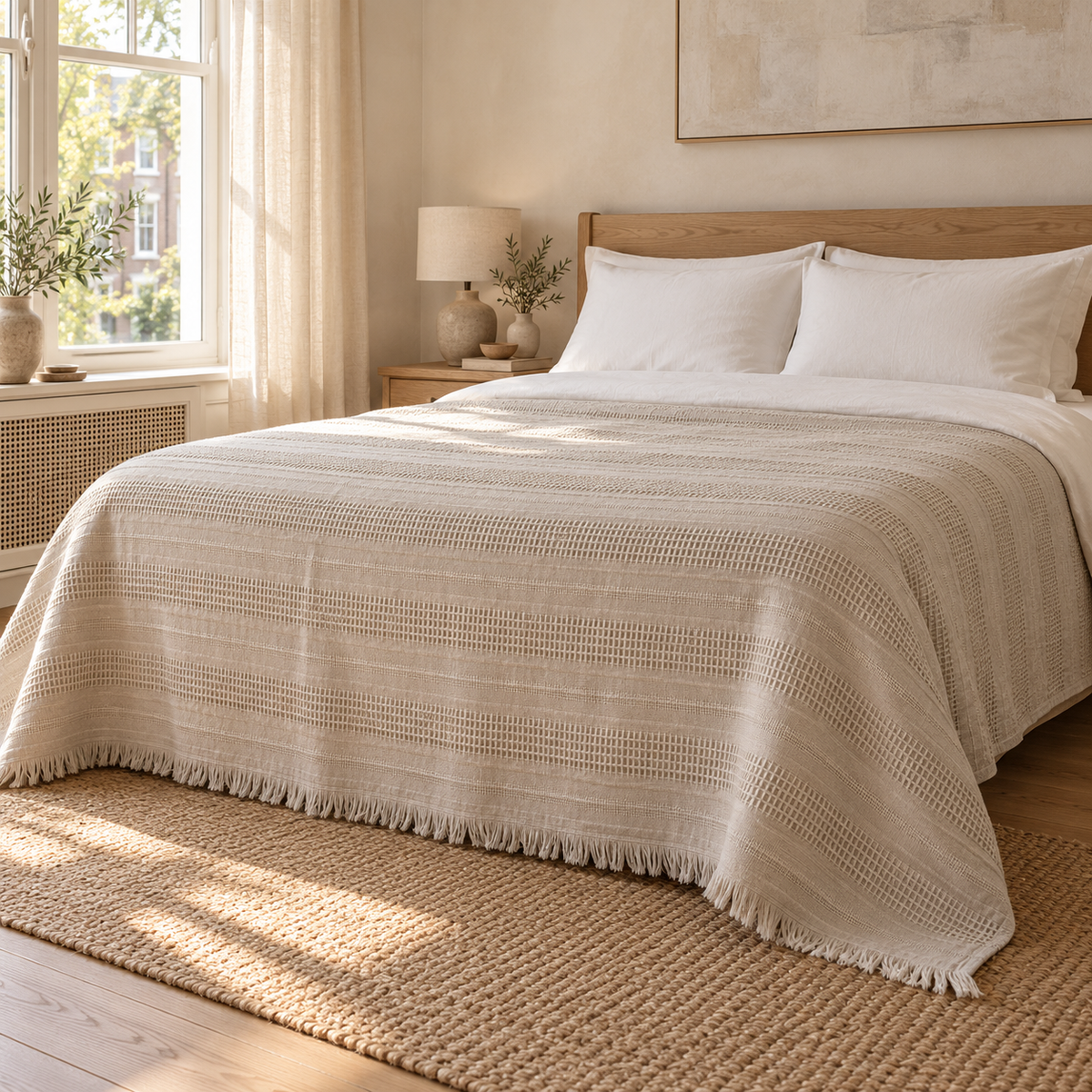 Erna Beige bedspread — naturally lit Dutch bedroom lifestyle, full bed view