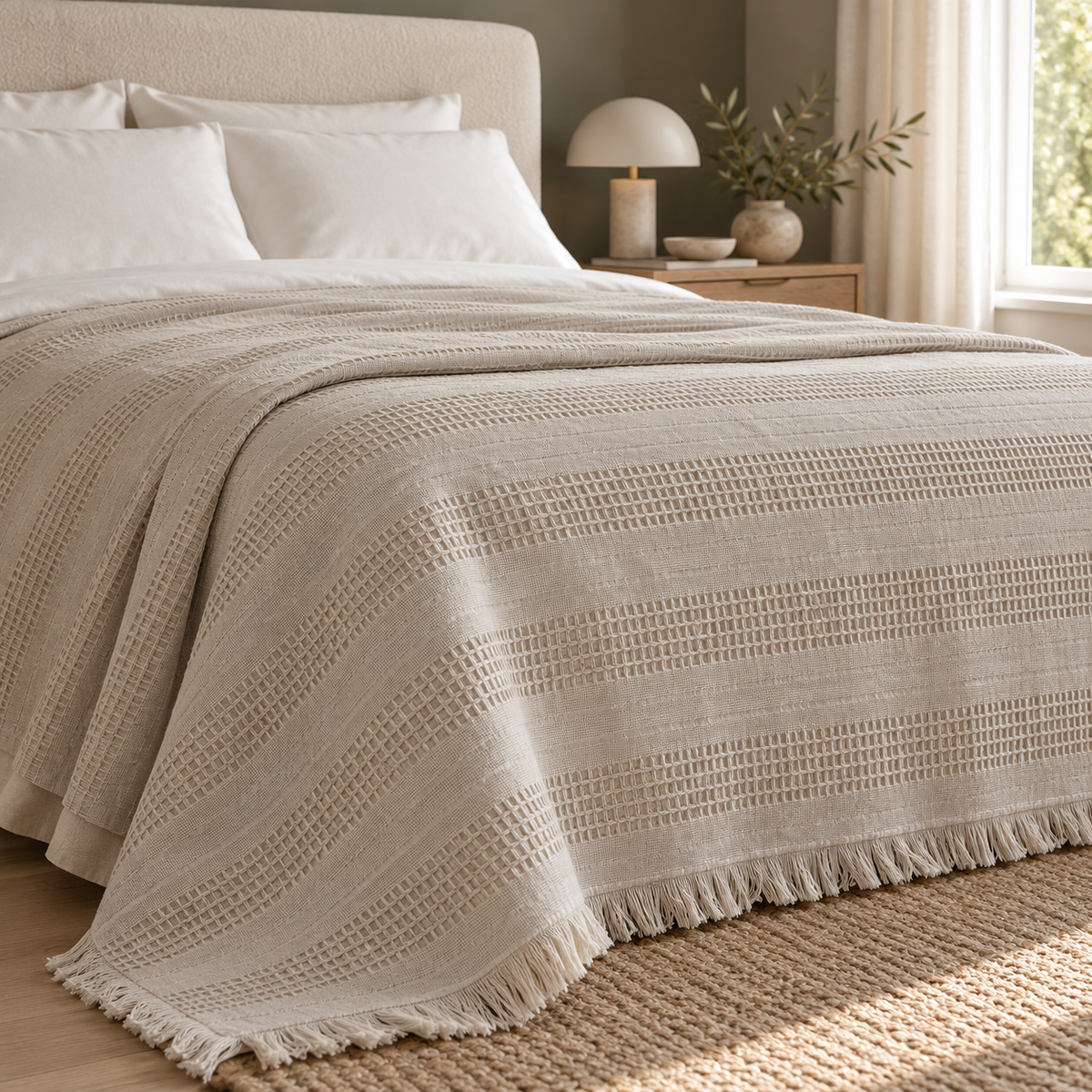 Erna Beige bedspread — naturally lit Dutch bedroom lifestyle, woven texture and fringed edge view