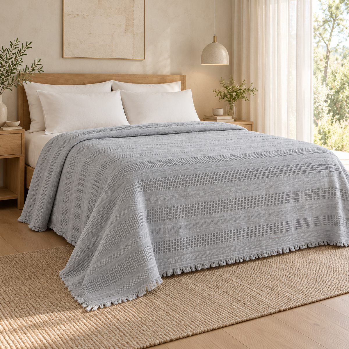 Erna Grey bedspread — naturally lit Dutch bedroom lifestyle, full bed view