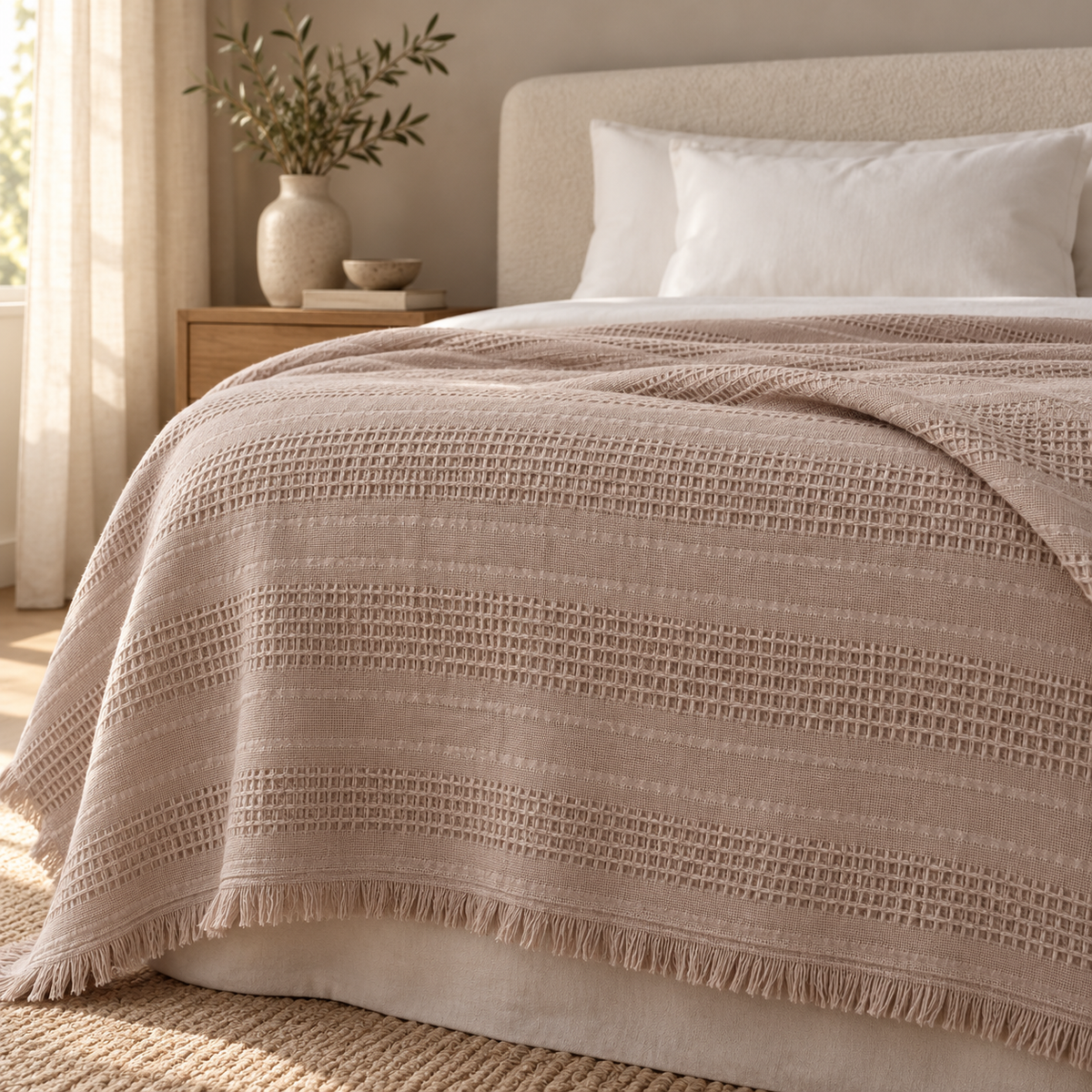 Erna Quartz bedspread — naturally lit Dutch bedroom lifestyle, woven texture and fringed edge view