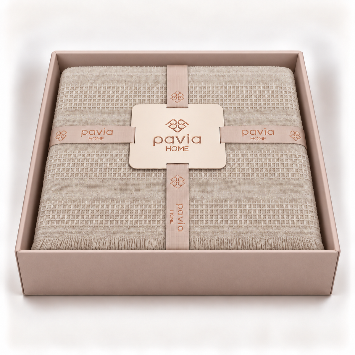 Pavia Home Erna towel set — beige, open matte gift box, fine woven grid bands and fringed edge