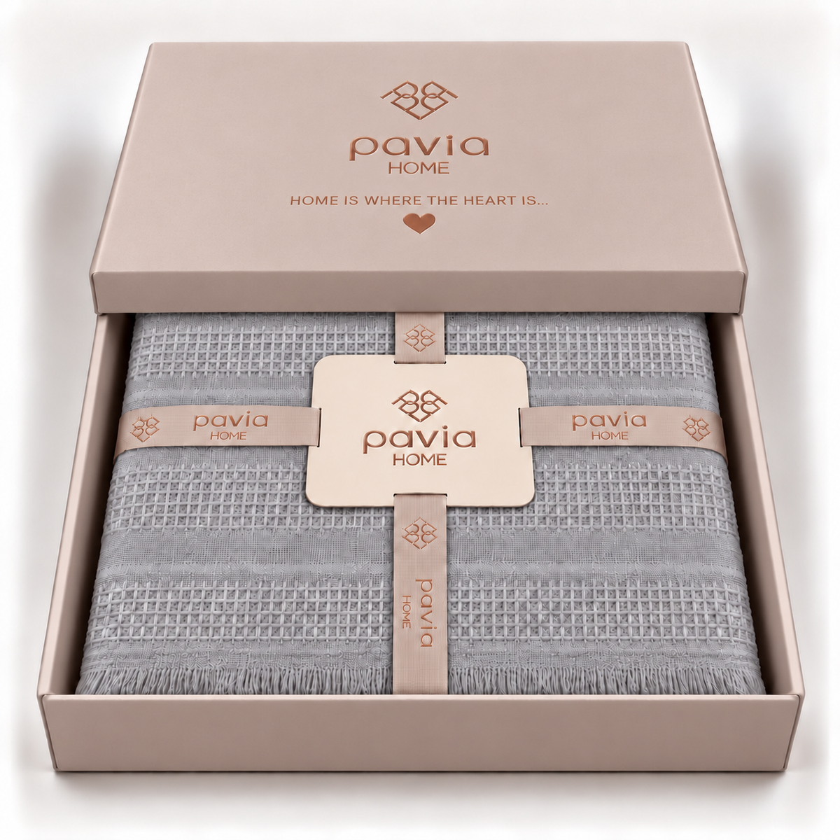 Pavia Home Erna towel set — grey, matte gift box with a partially closed lid, fine woven grid bands and fringed edge