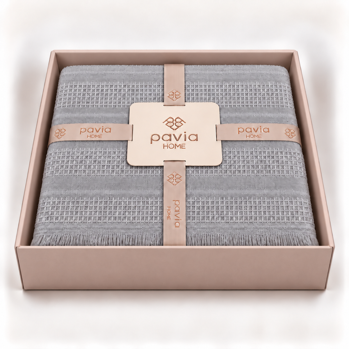 Pavia Home Erna towel set — grey, open matte gift box, fine woven grid bands and fringed edge