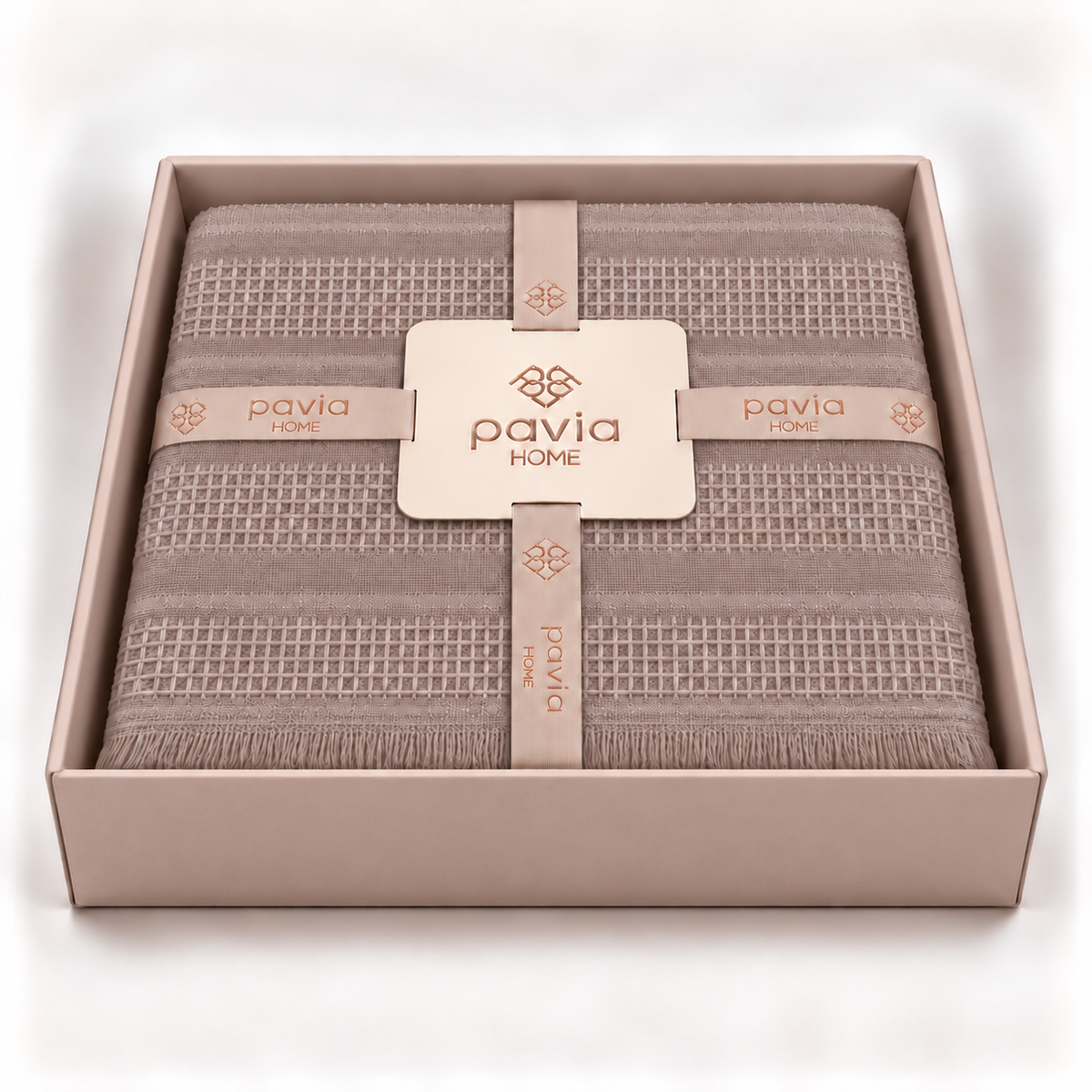Pavia Home Erna towel set — quartz, open matte gift box, fine woven grid bands and fringed edge
