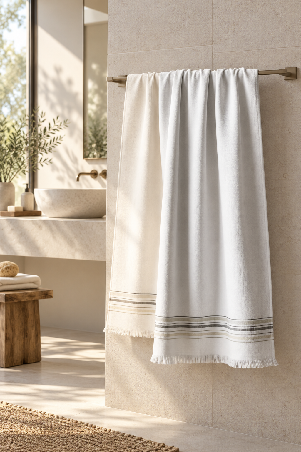 Hannes beige pestemal in a bright bathroom