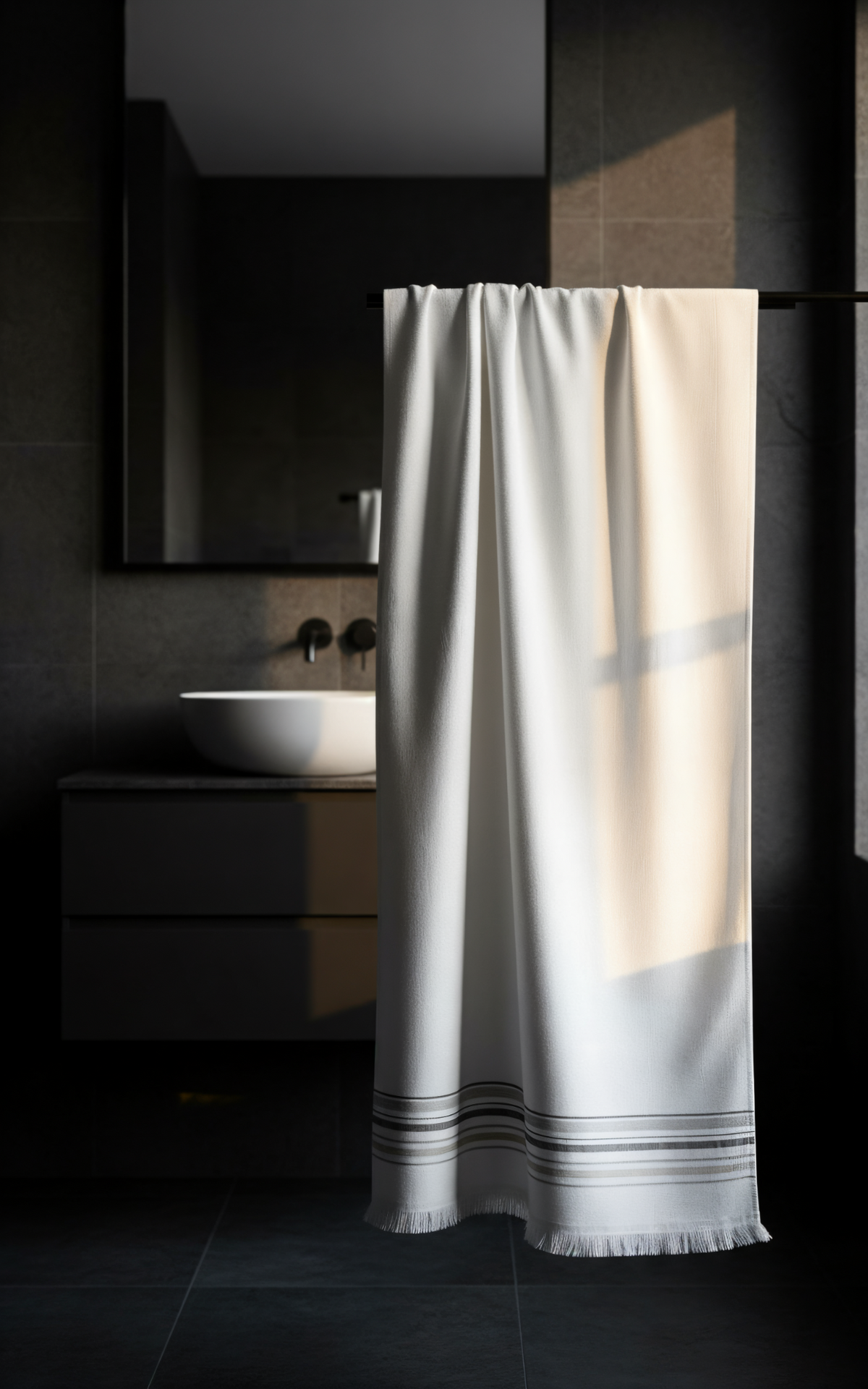 Hannes grey striped and fringed pestemal