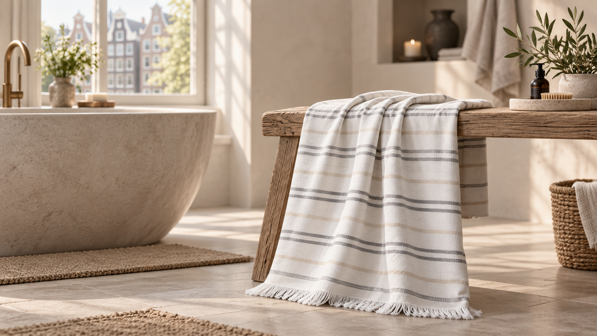 Striped Pavia Home textile beside a bathtub