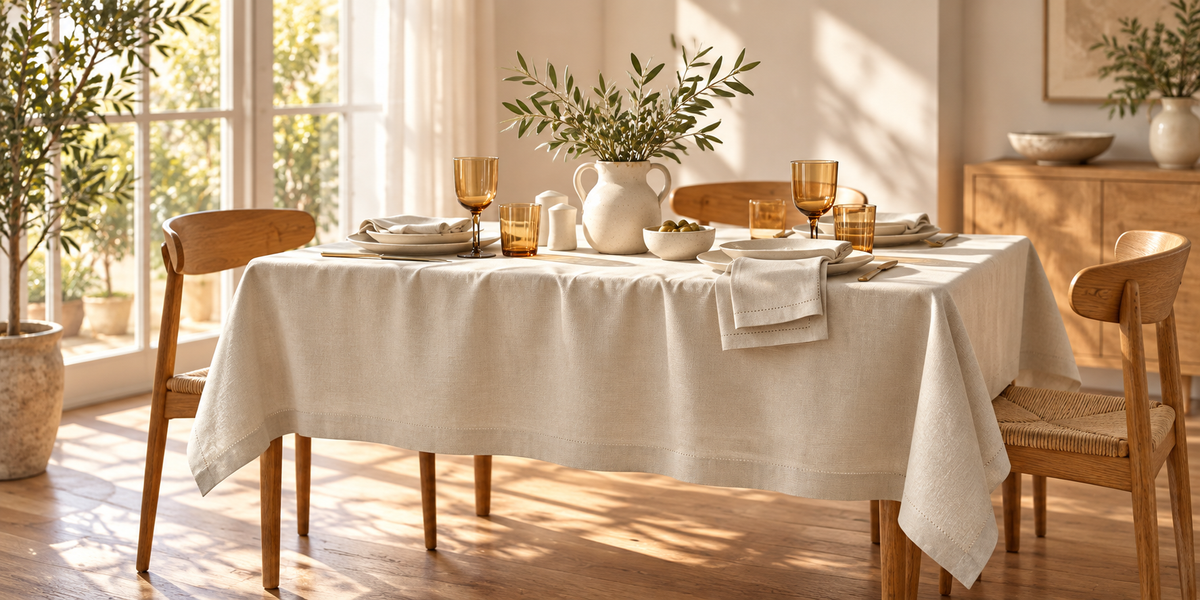 Jolly light beige tablecloth and matching napkins in a sunlit dining room