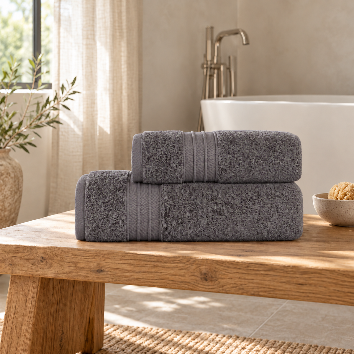 Pavia Home Jony towel set — anthracite, on an oak bench beside a bathtub