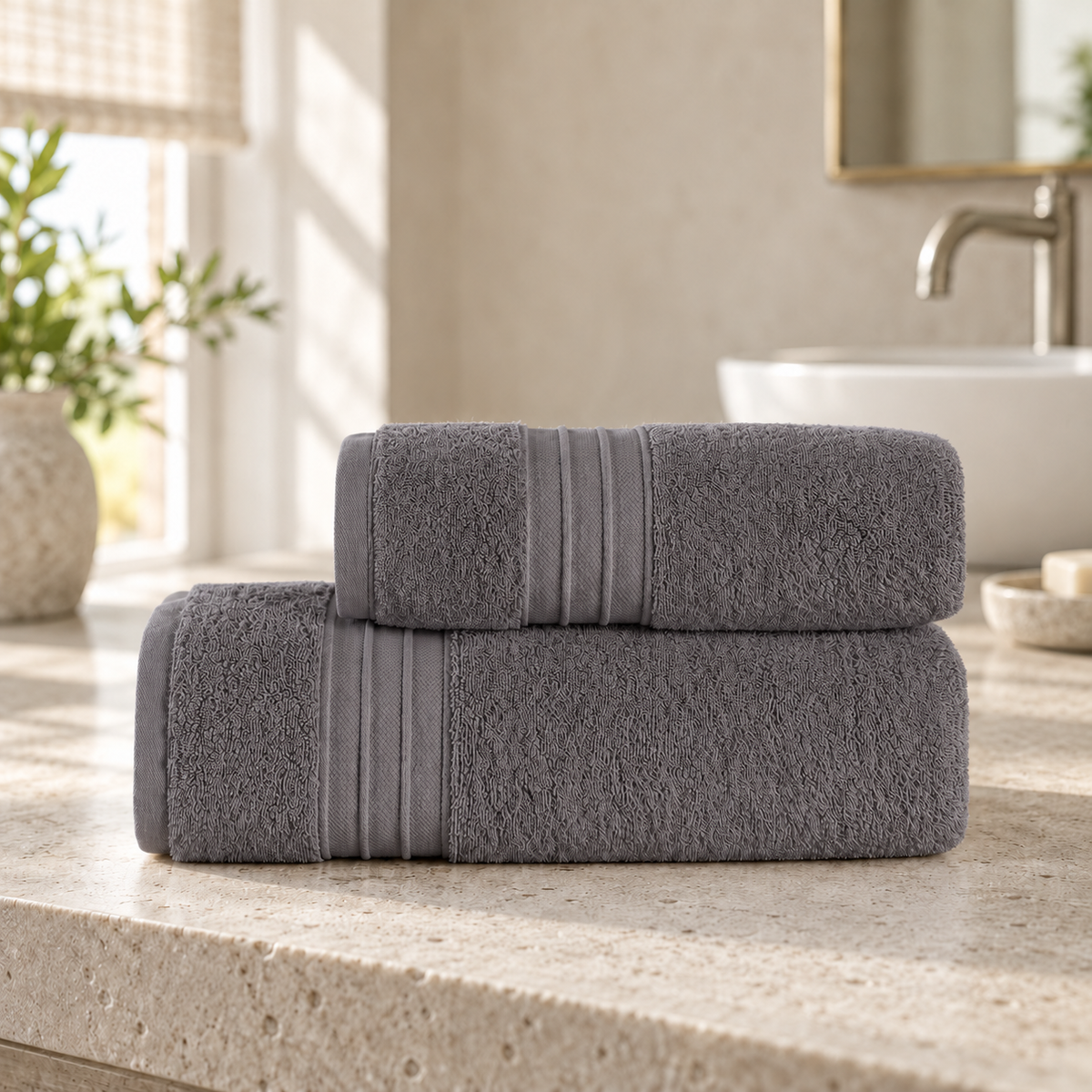 Pavia Home Jony towel set — anthracite, on a stone bathroom vanity