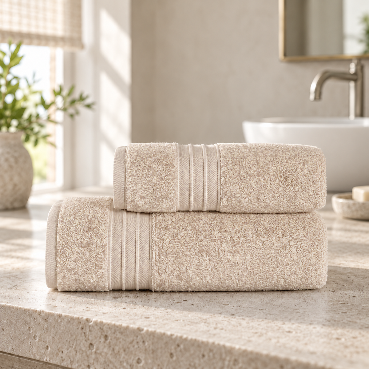 Pavia Home Jony towel set — beige, on a stone bathroom vanity