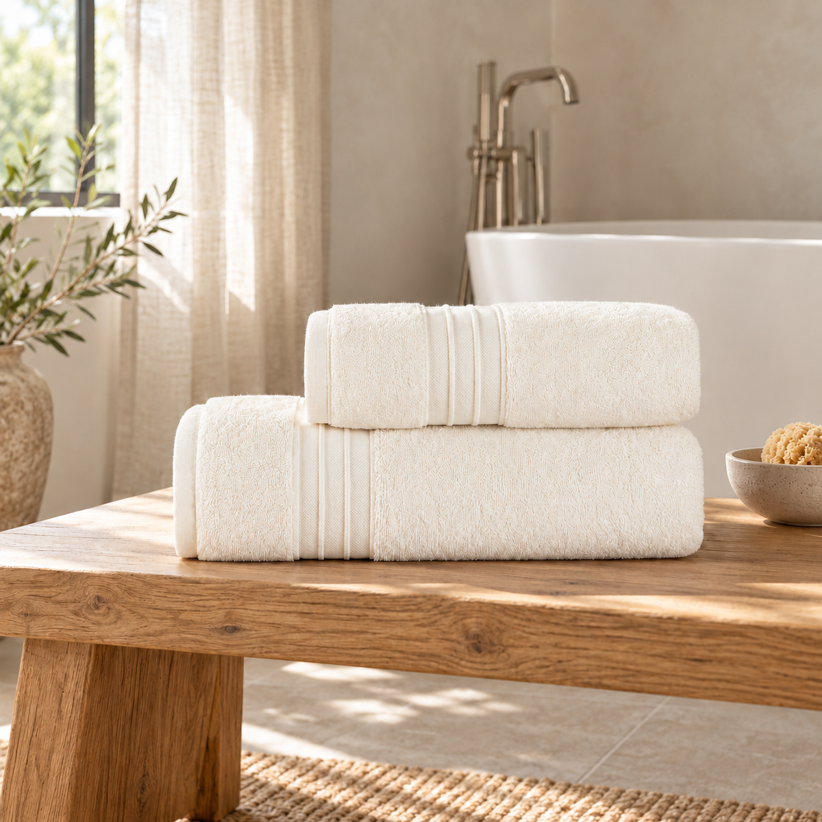 Pavia Home Jony towel set — ecru, on an oak bench beside a bathtub