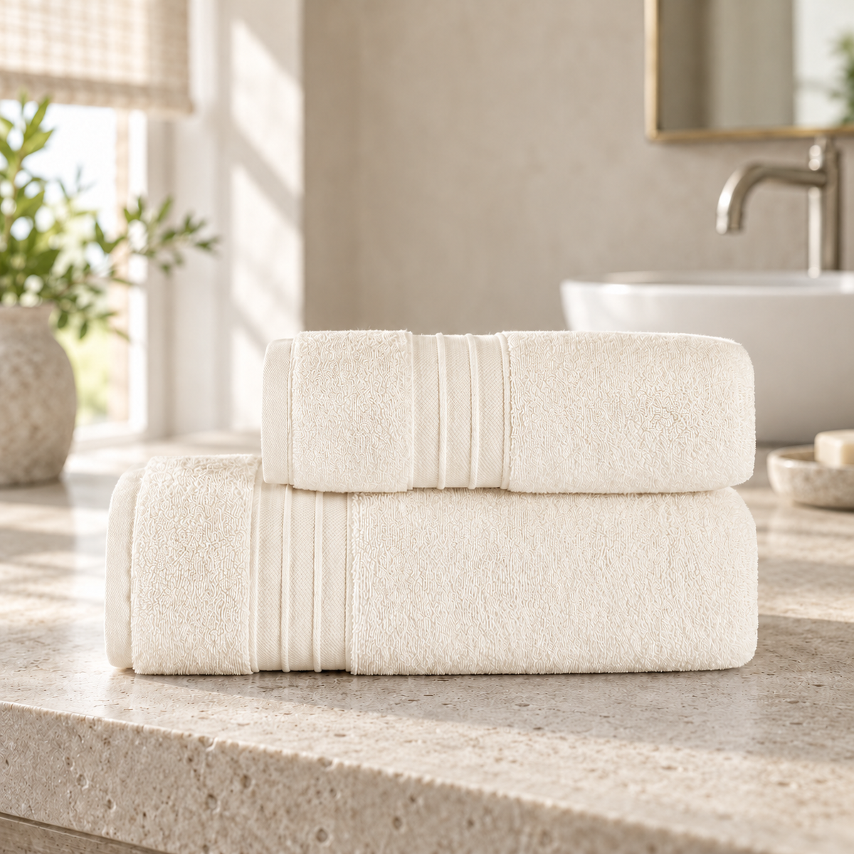 Pavia Home Jony towel set — ecru, on a stone bathroom vanity