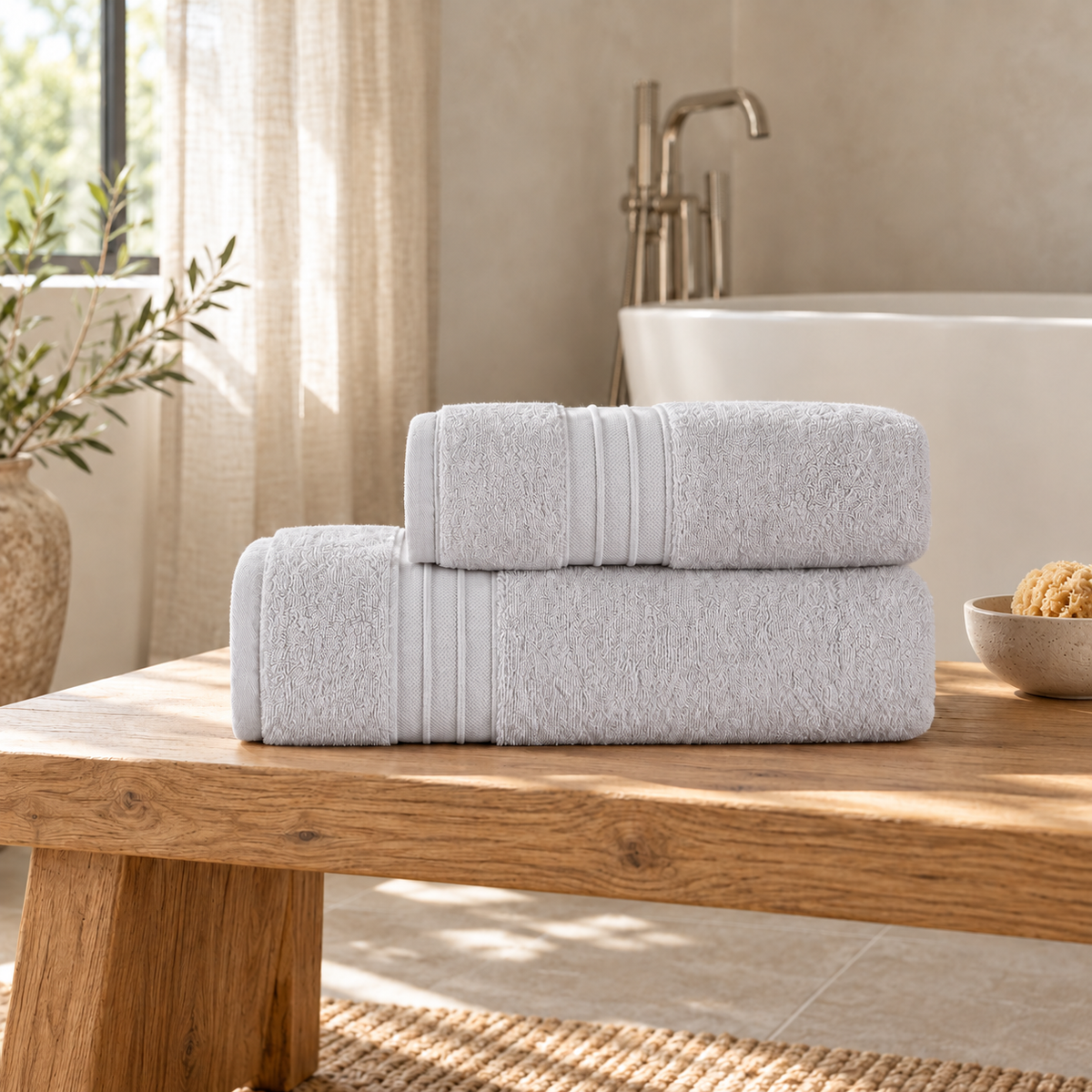 Pavia Home Jony towel set — grey, on an oak bench beside a bathtub