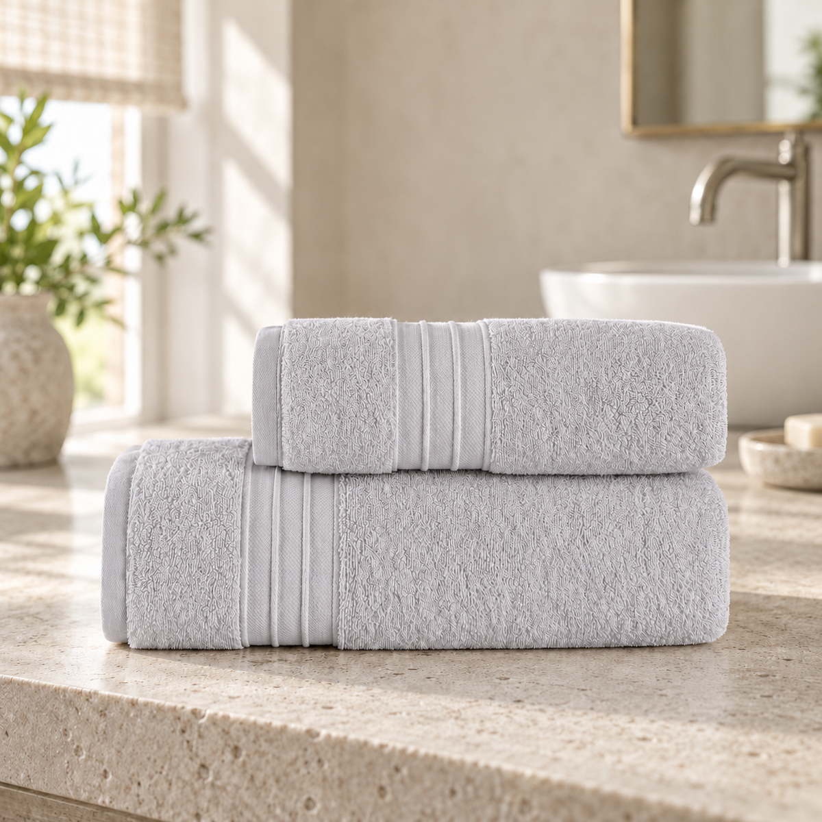 Pavia Home Jony towel set — grey, on a stone bathroom vanity
