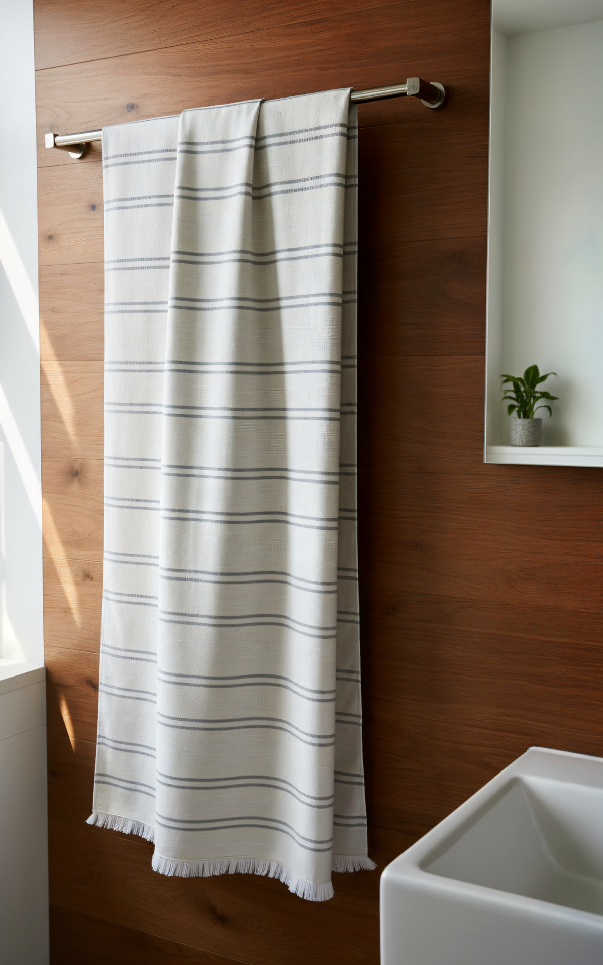 Karin White-Grey pestemal in a sunlit bathroom