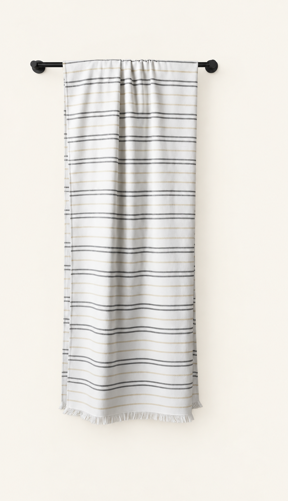 Karin White-Beige striped pestemal in a bathroom on a light beige background