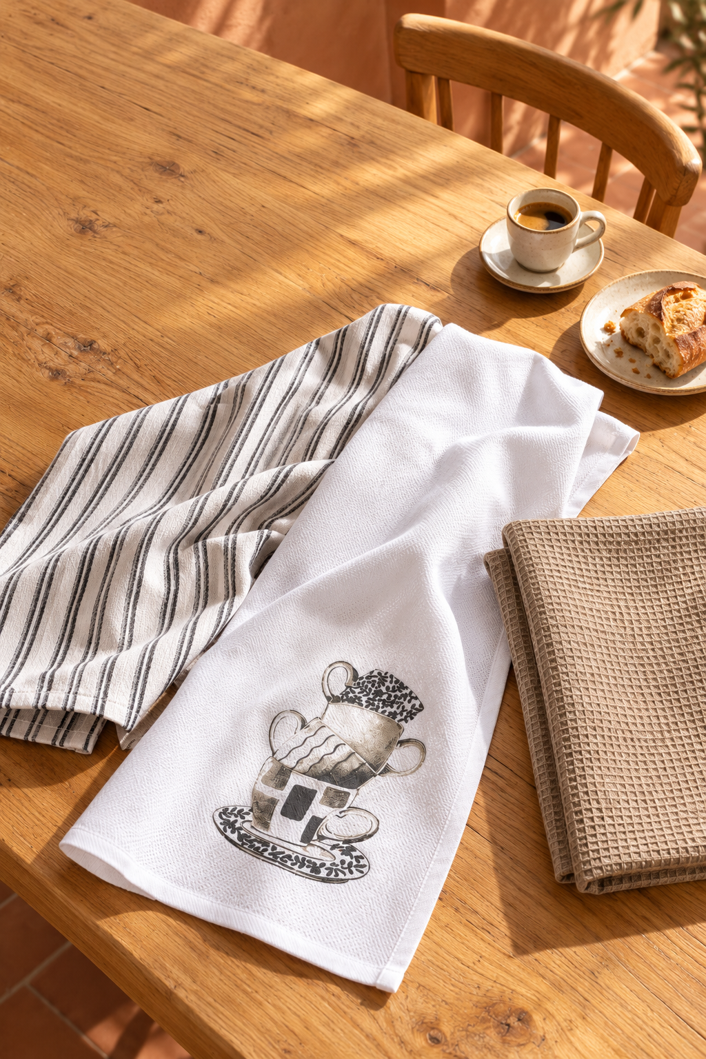 Three KT-11 kitchen towels with stripes, a beige waffle weave and a teacup design.