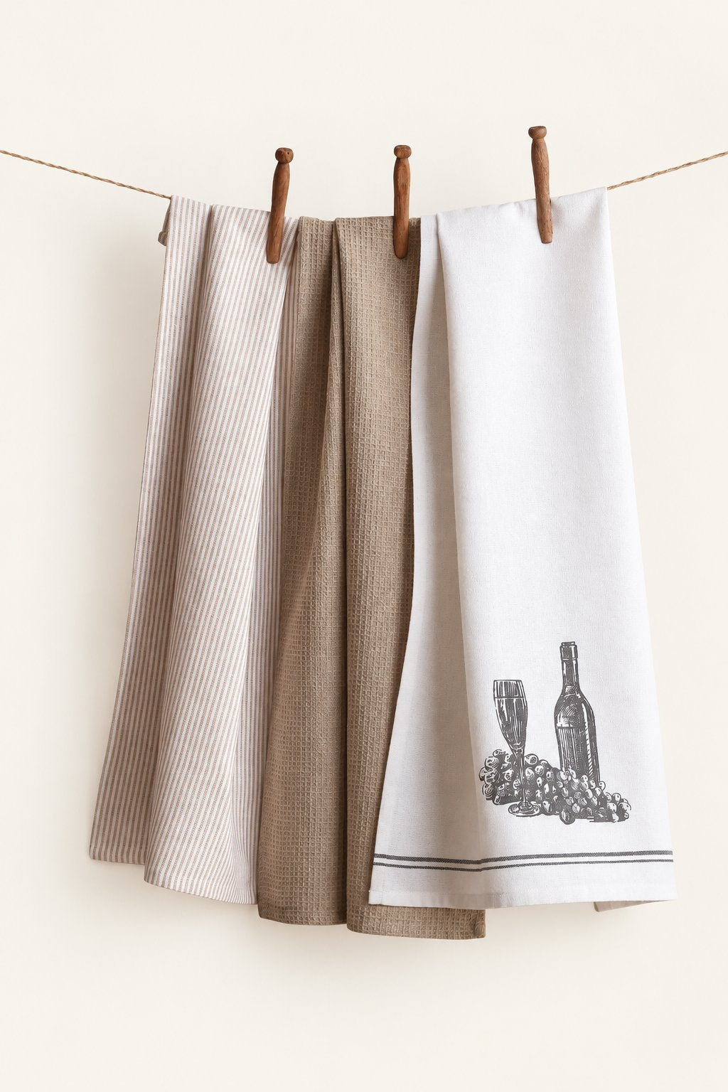Pavia KT-01 kitchen towels — set of three displayed on a clothesline