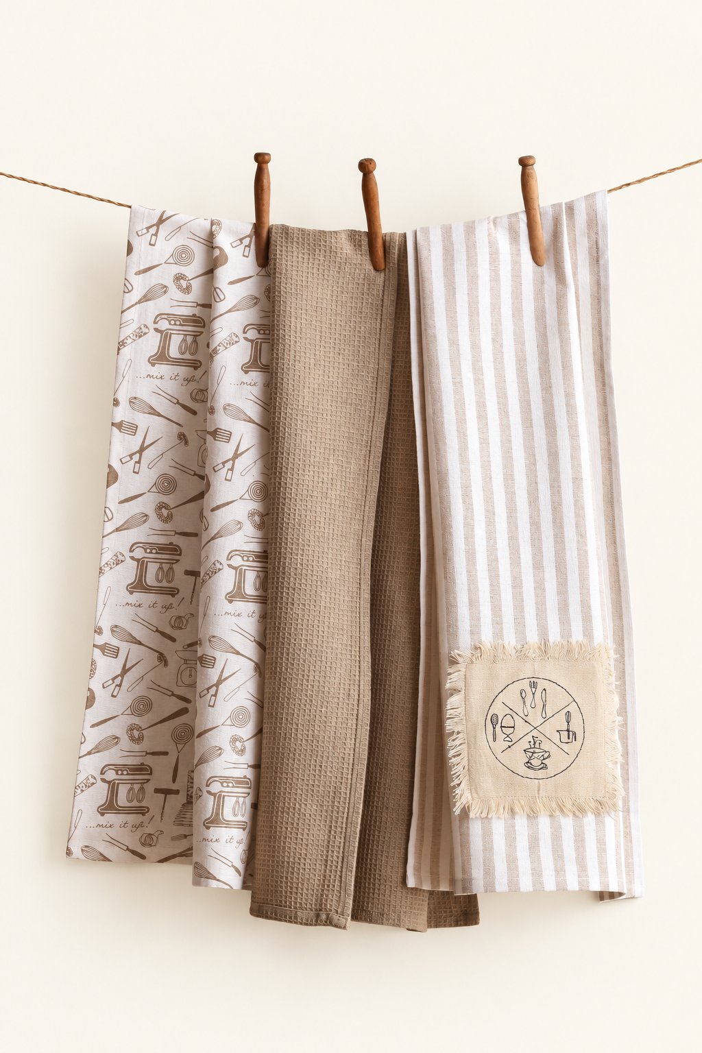 Pavia KT-25 kitchen towels — set of three displayed on a clothesline