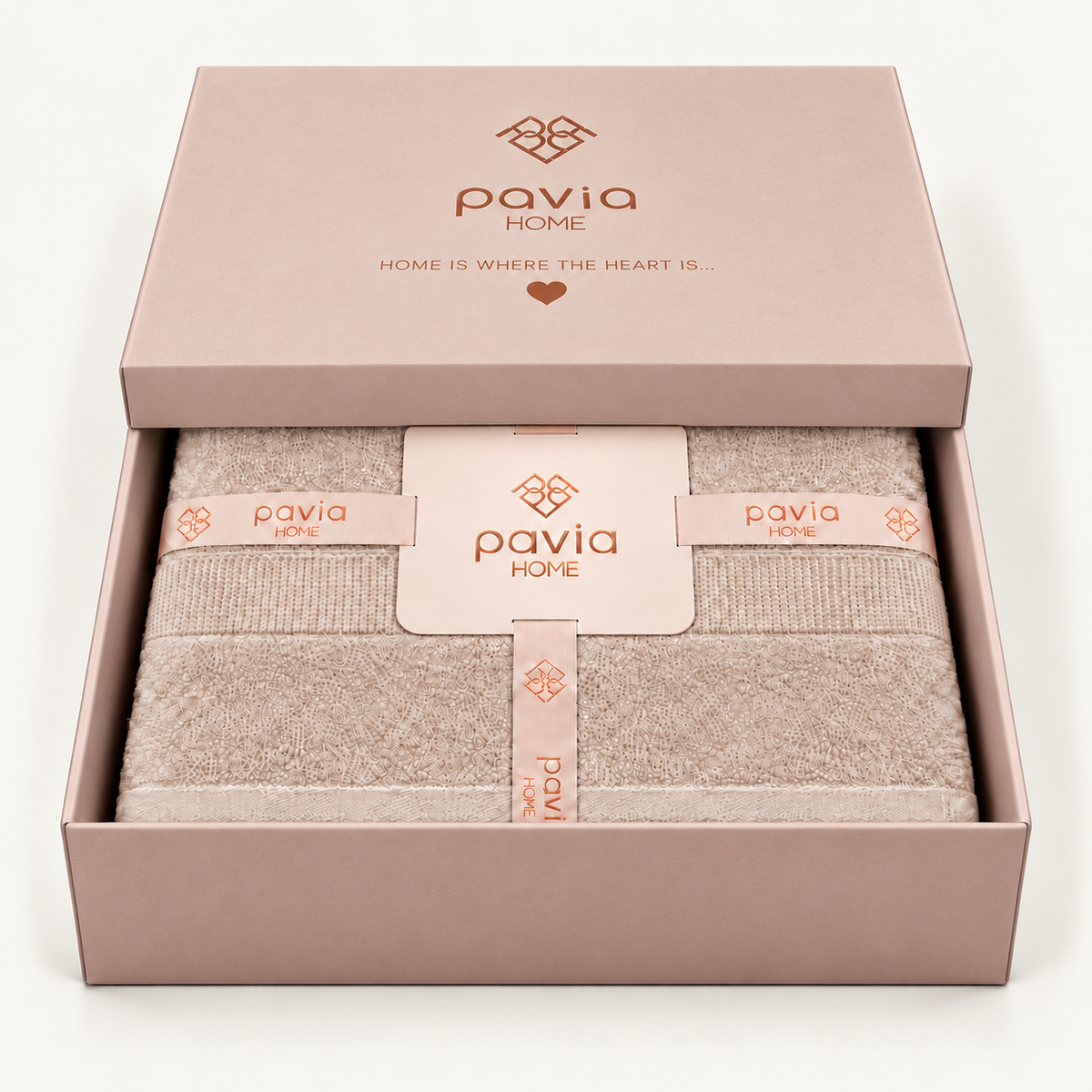 Luan towel set in beige, blush pink gift box with a partially closed lid, woven border and finished hem