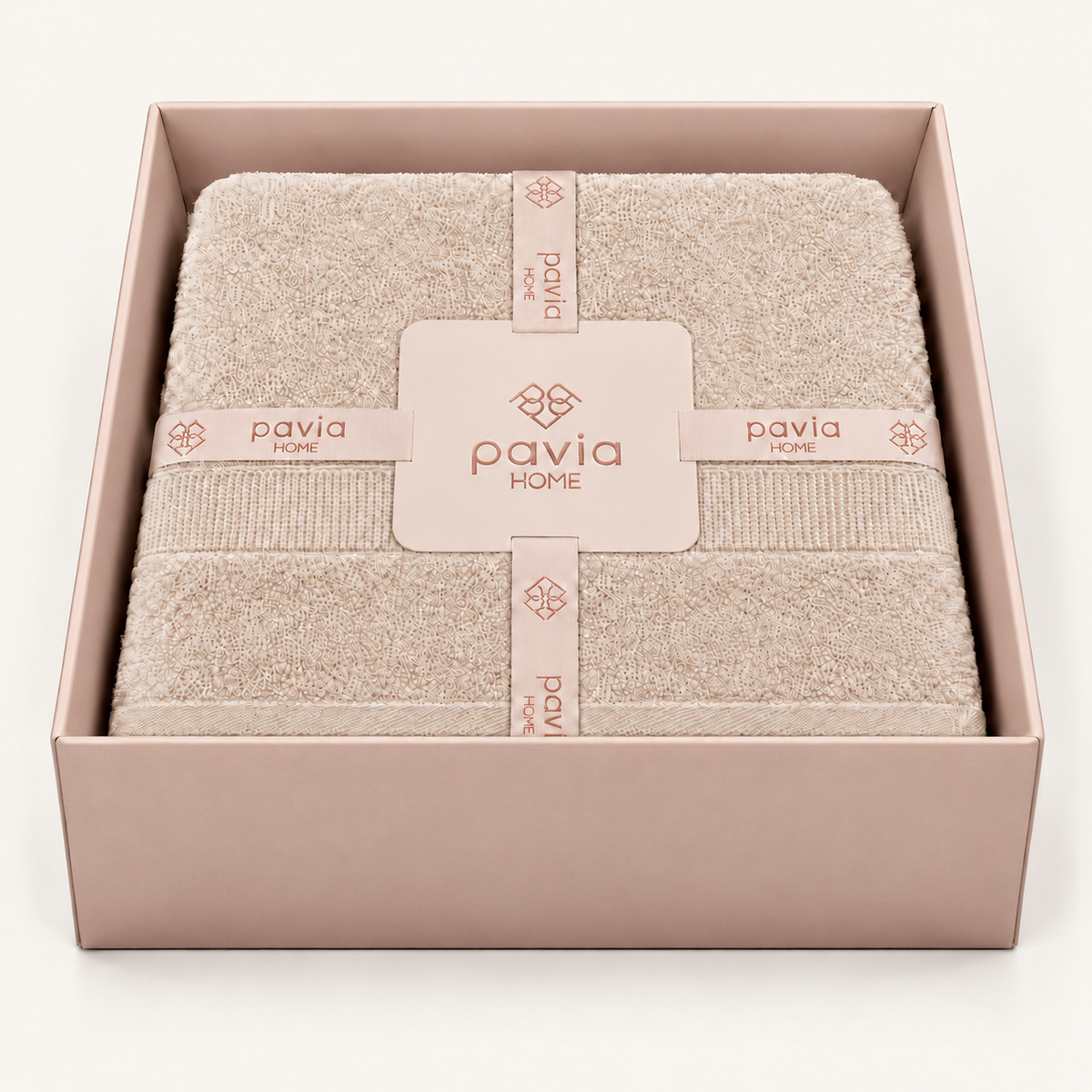 Luan towel set in beige, open blush pink gift box, woven border and finished towel edge