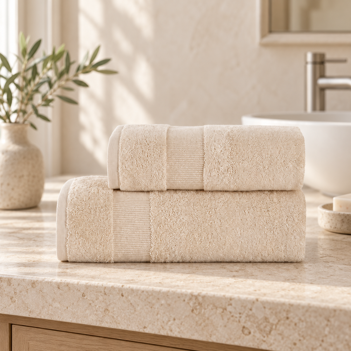 Pavia Home Luan towel set — beige bathroom lifestyle