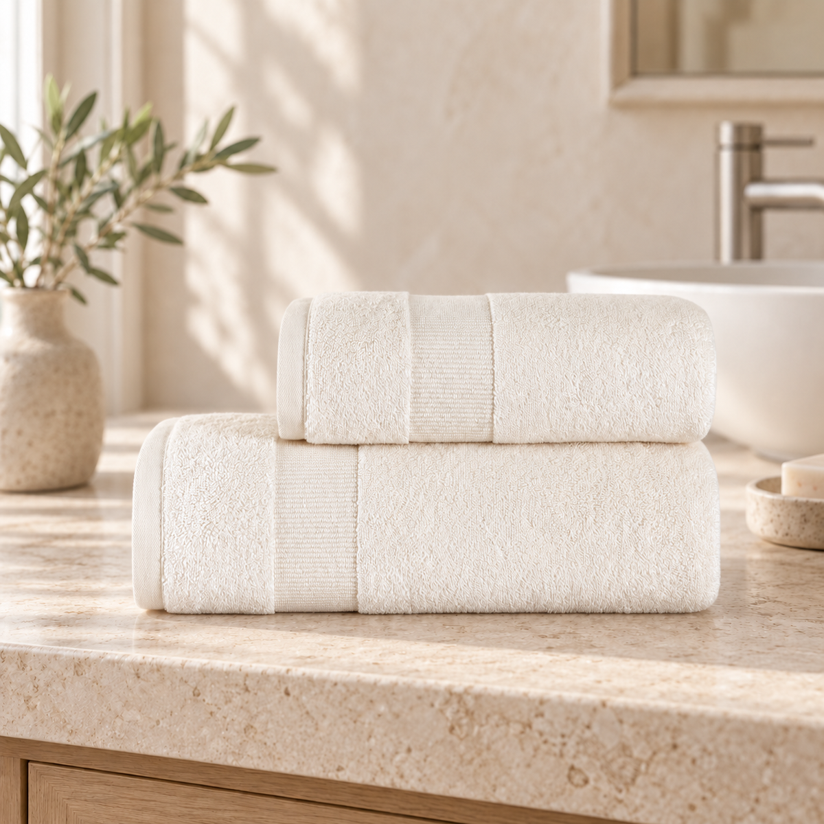 Pavia Home Luan towel set — ecru bathroom lifestyle