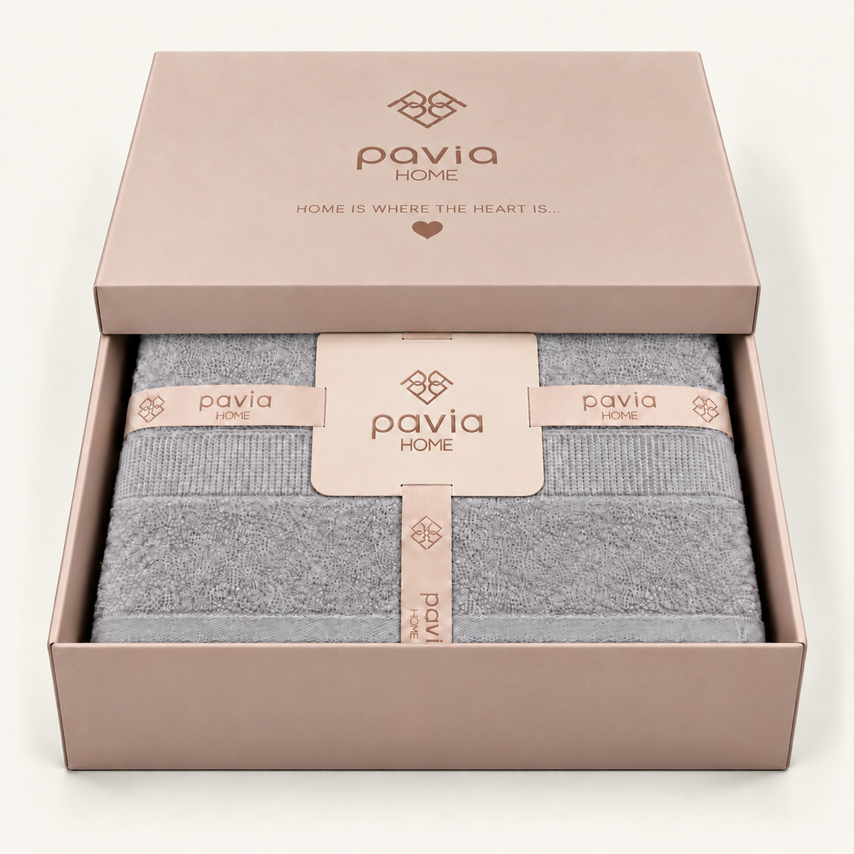 Luan towel set in grey, blush pink gift box with a partially closed lid, woven border and finished hem