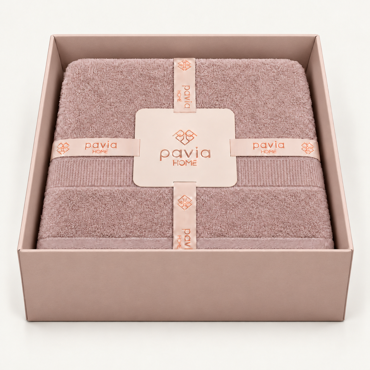 Luan towel set in quartz, open blush pink gift box, woven border and finished towel edge