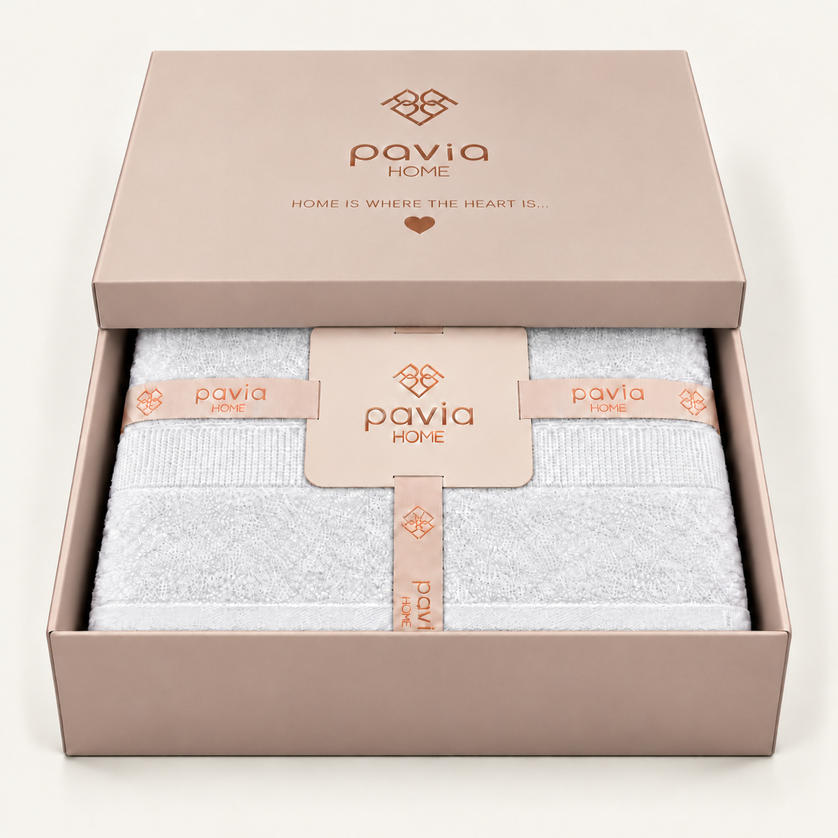 Luan towel set in white, blush pink gift box with a partially closed lid, woven border and finished hem