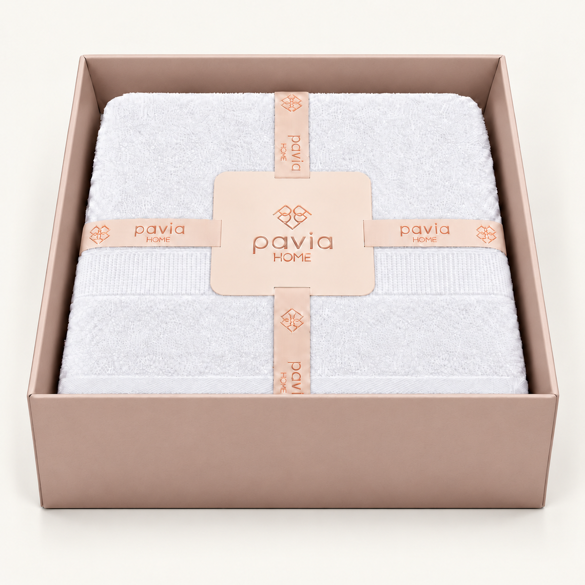 Luan towel set in white, open blush pink gift box, woven border and finished towel edge