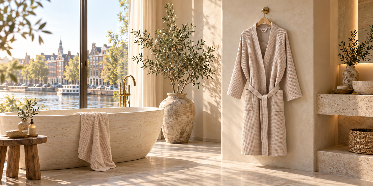 Marc beige waffle bathrobe hanging in a sunlit travertine bathroom