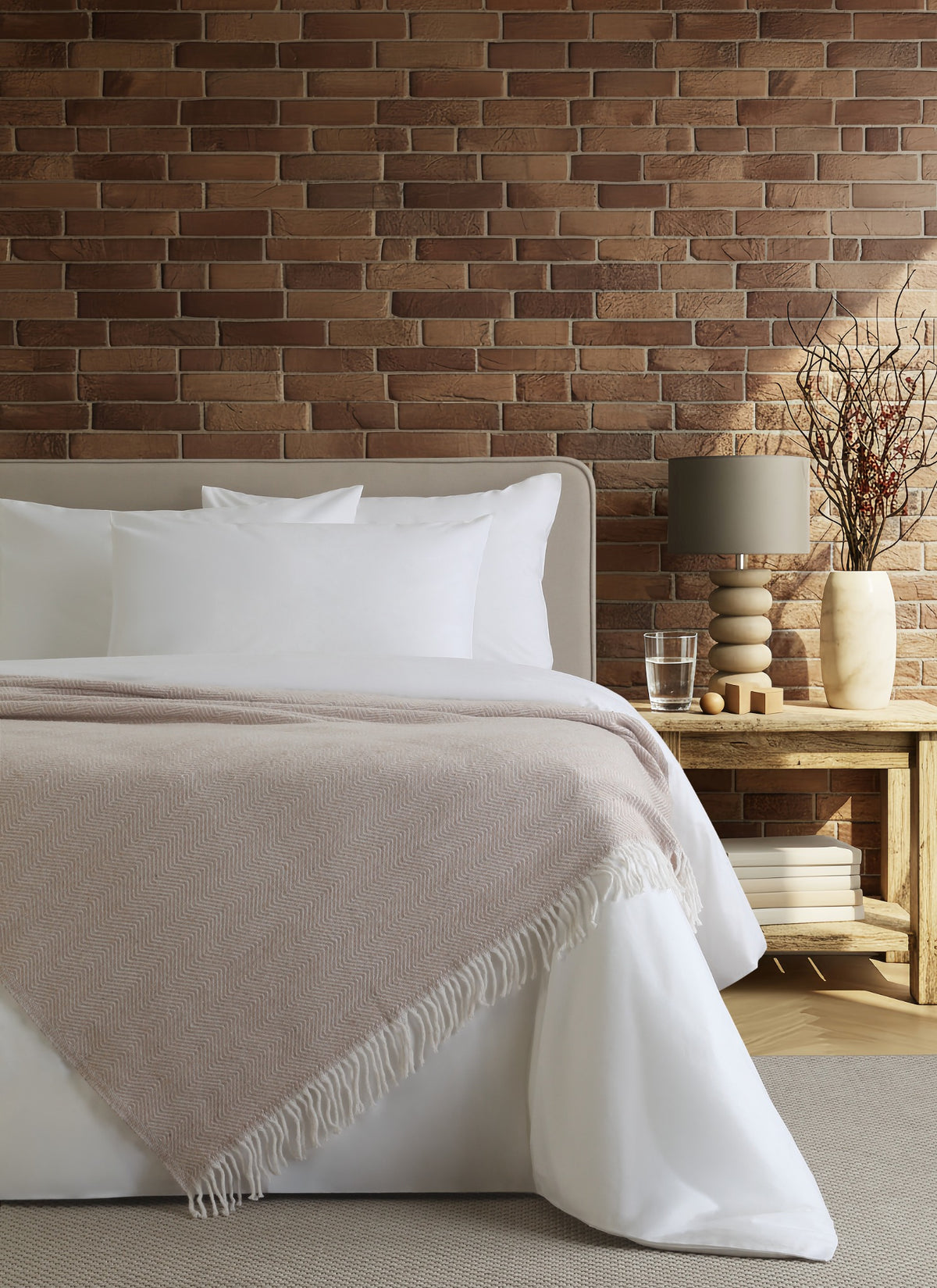 Nevada Beige blanket styled on a bed