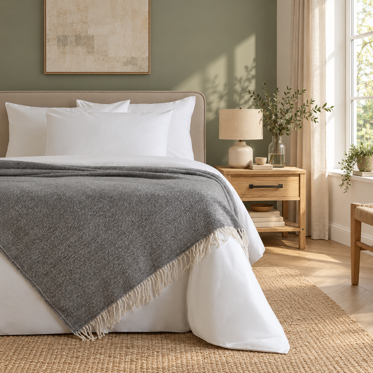 Nevada Anthracite blanket — warm Dutch bedroom lifestyle, fine herringbone and fringed edges