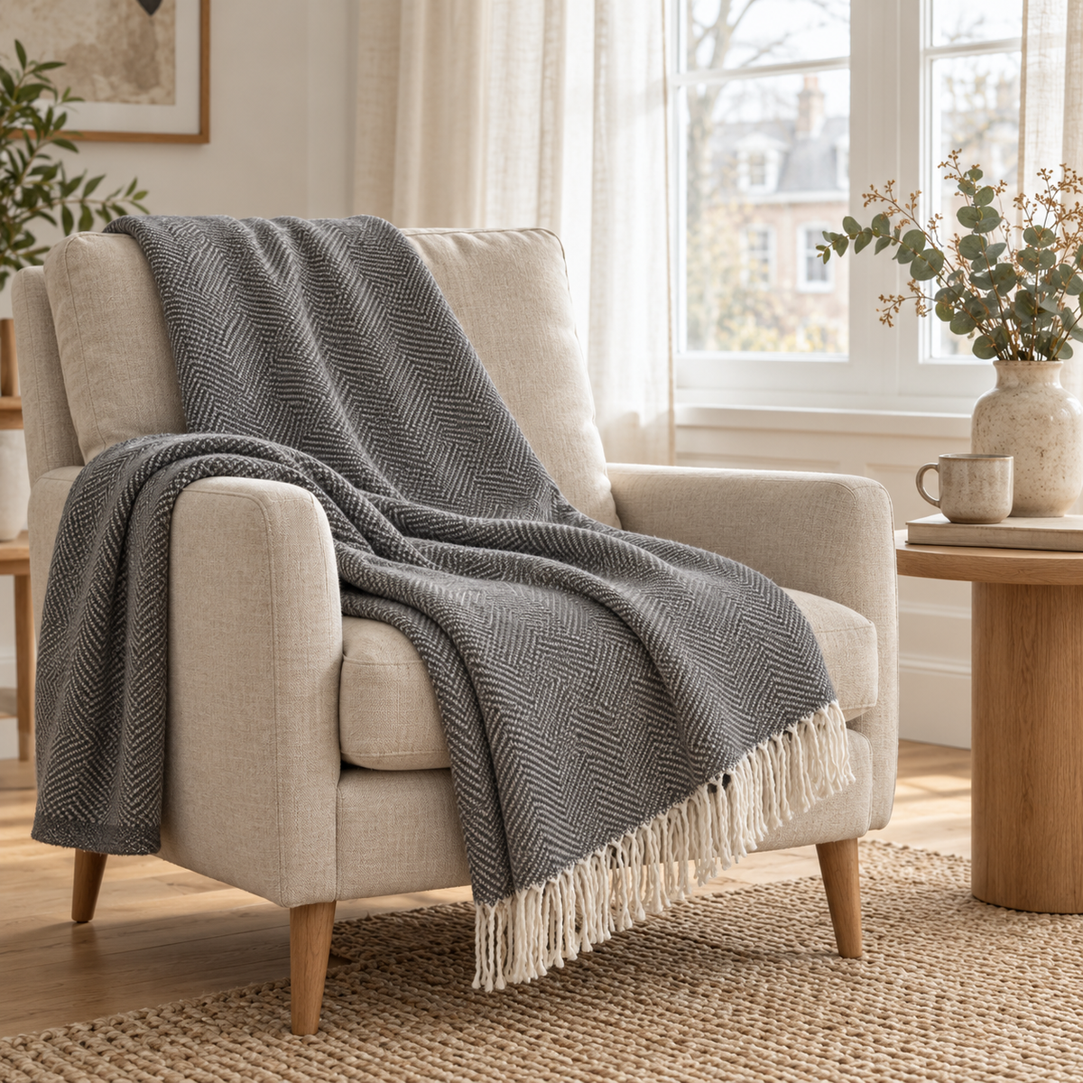 Nevada Anthracite blanket — warm Dutch living-room lifestyle, fine herringbone and fringed edges