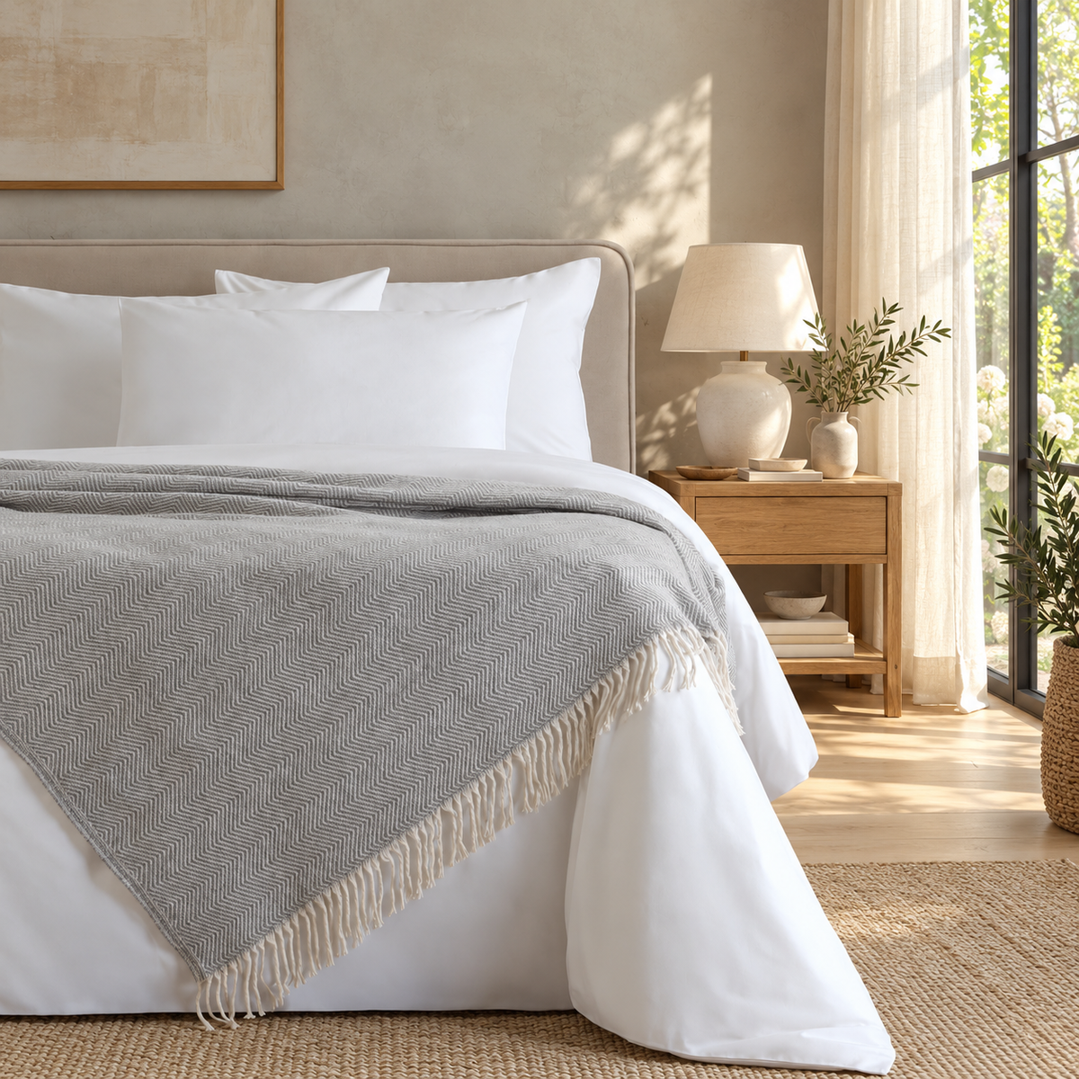 Nevada Grey blanket — warm Dutch bedroom lifestyle, fine herringbone and fringed edges
