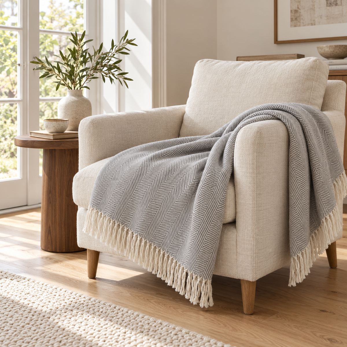 Nevada Grey blanket — warm Dutch living-room lifestyle, fine herringbone and fringed edges